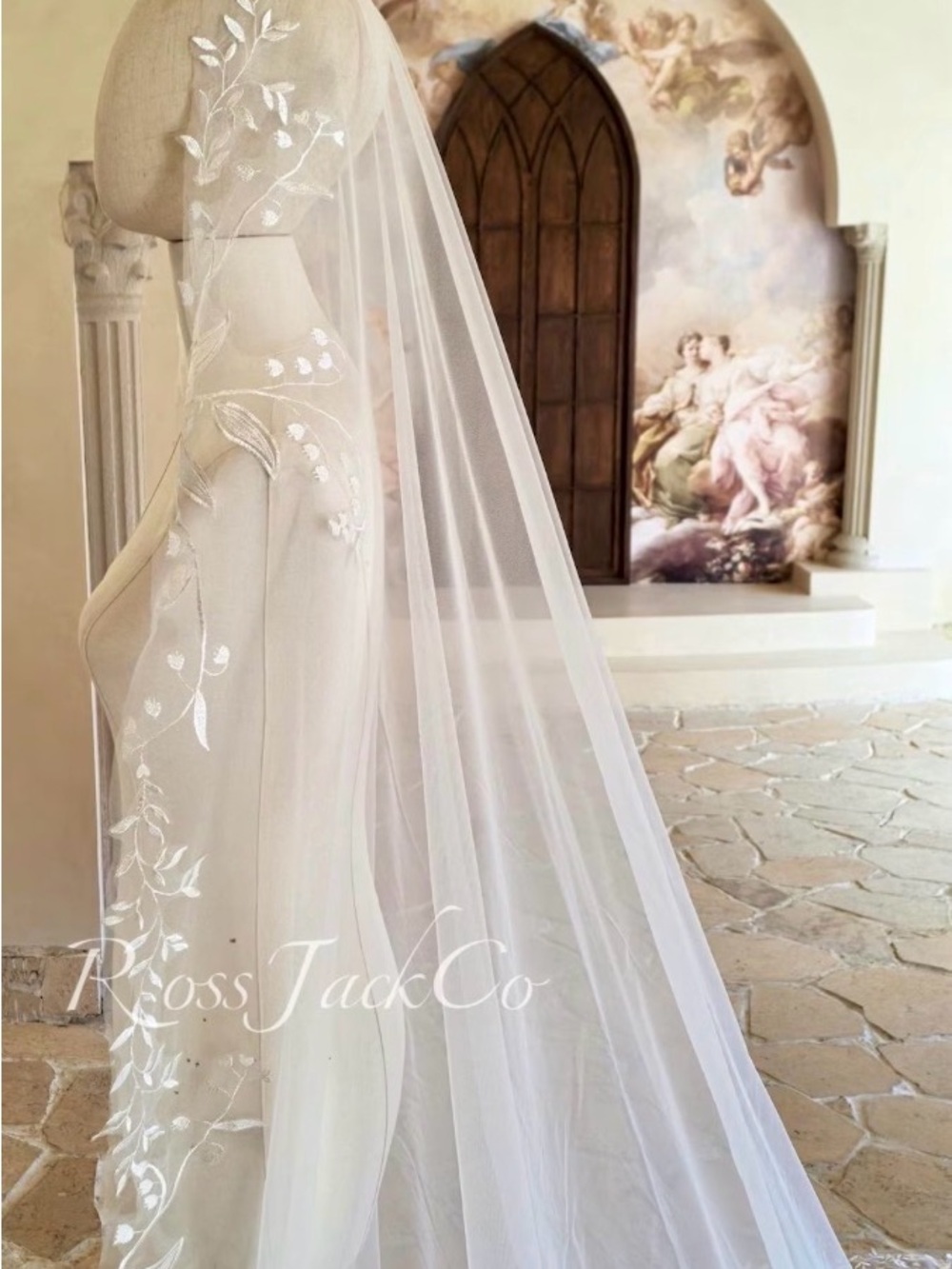 Mantilla Bridal Veil with Embroidered lily of the valley Floral Trim